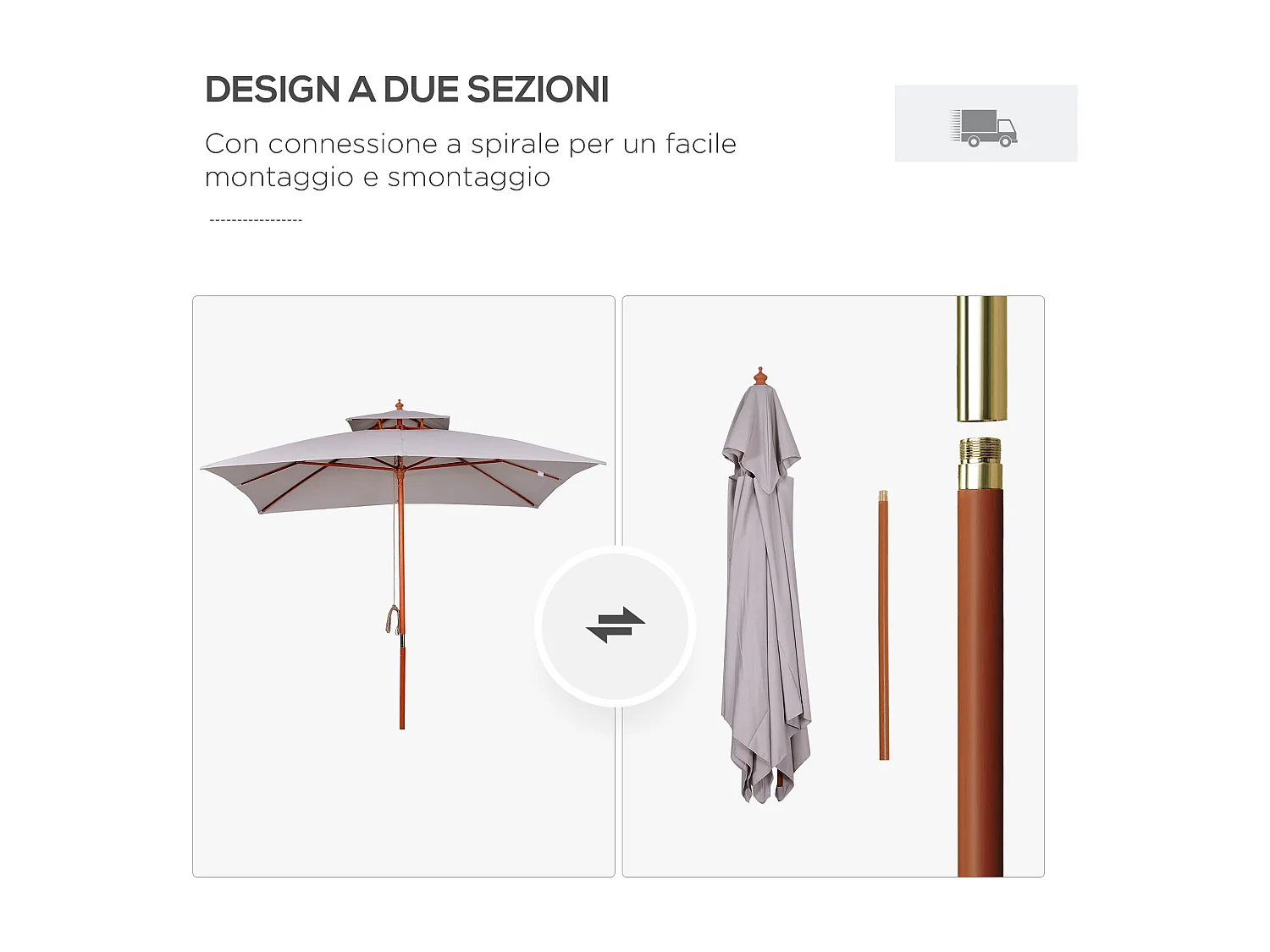 Ombrellone da giardino 3x3m a 8 stecche copertura a 2 livelli grigio