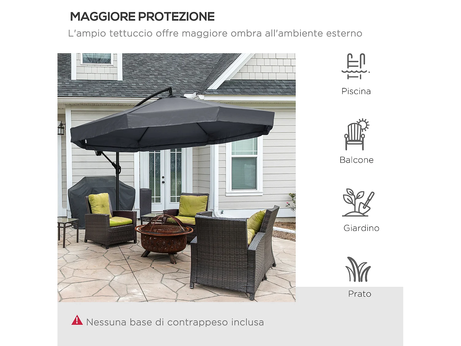 Ombrellone da giardino 3x3m con manovella e zanzariera grigio