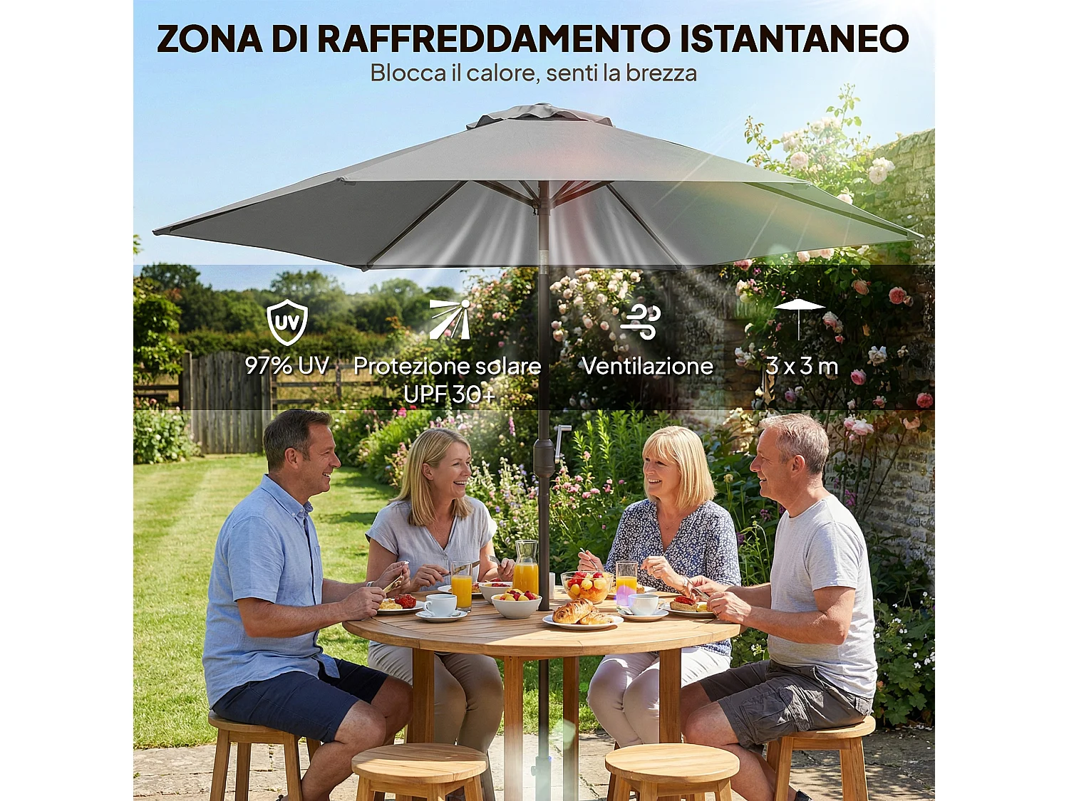 Ombrellone da giardino 3x3 m inclinabile grigio