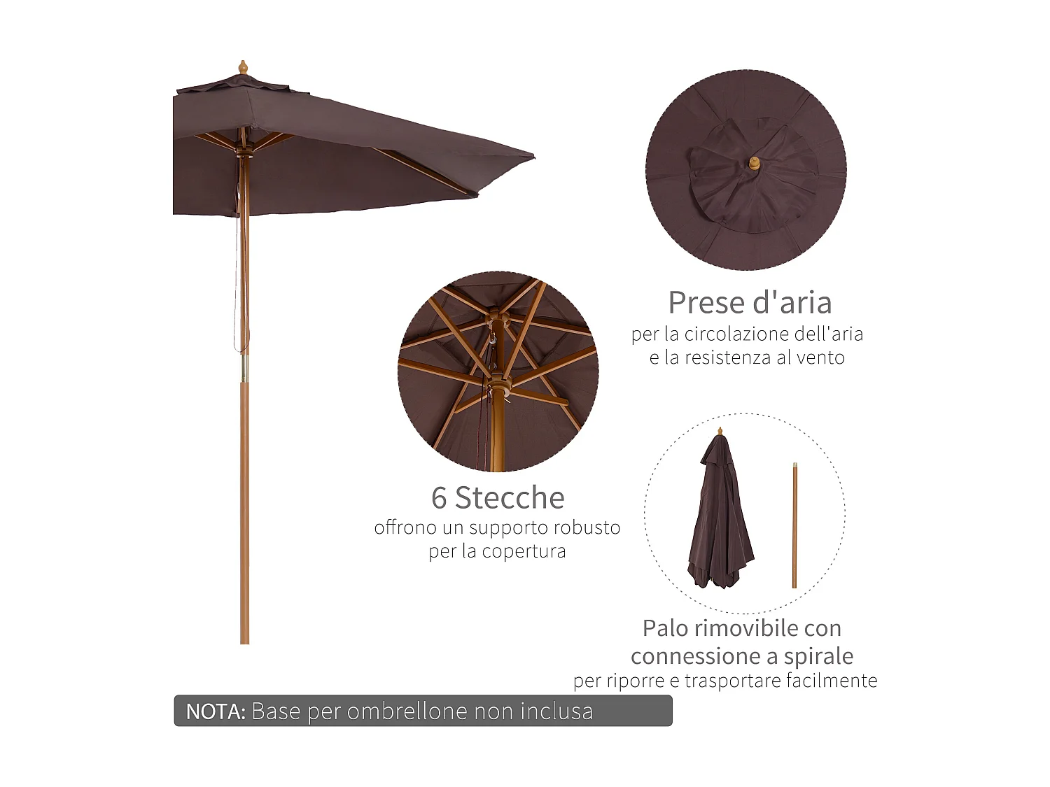 Ombrellone da giardino 2.5x2.3 m a 6 stecche marrone
