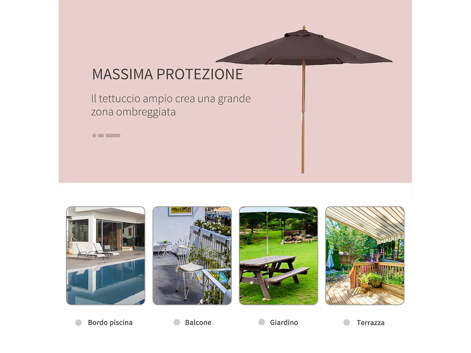 Ombrellone da giardino 2.5x2.3 m a 6 stecche marrone