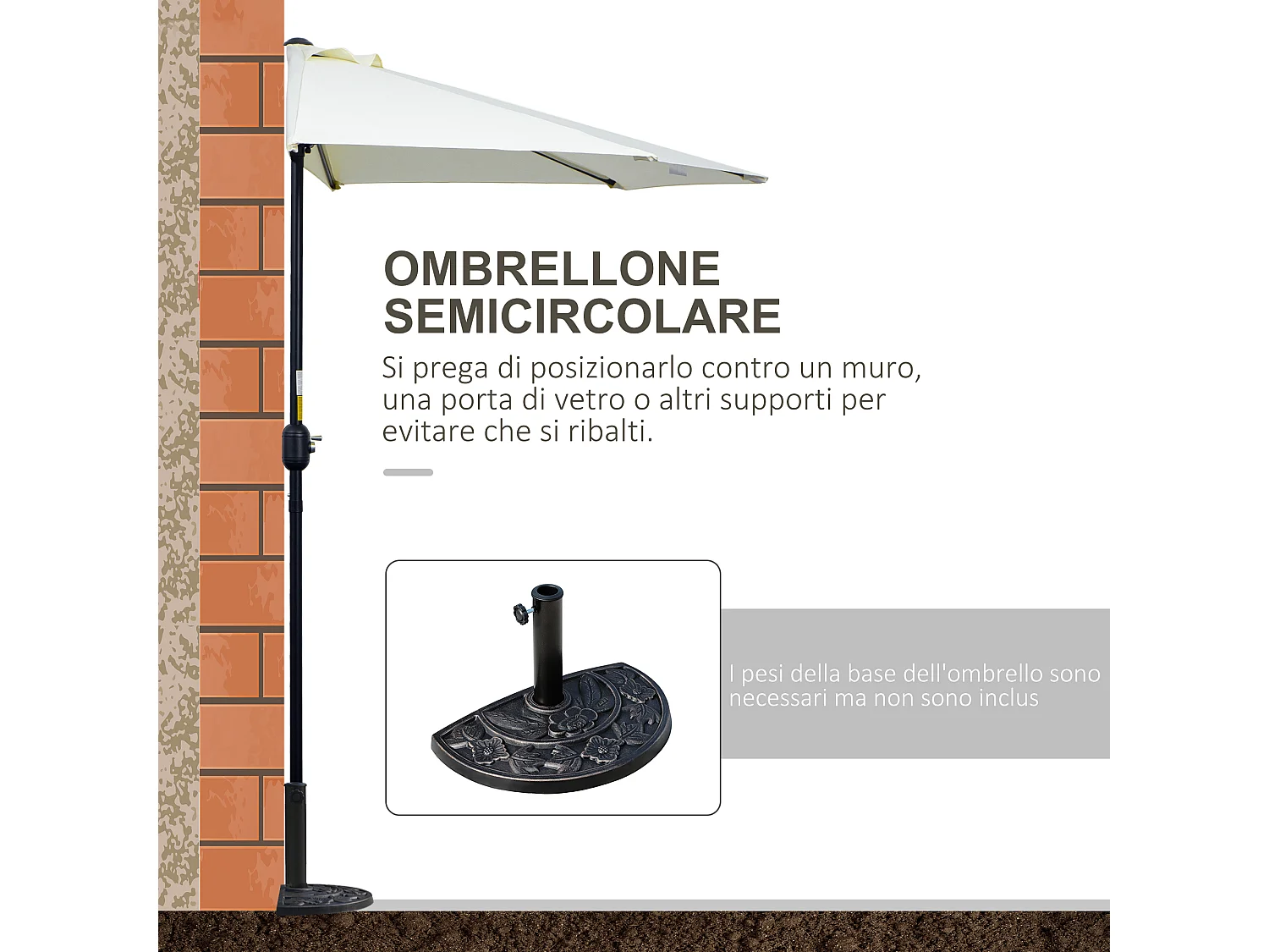 Ombrellone mezzaluna da terrazza con apertura a manovella beige