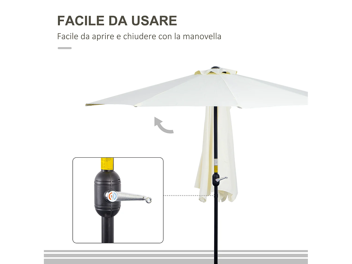 Ombrellone mezzaluna da terrazza con apertura a manovella beige
