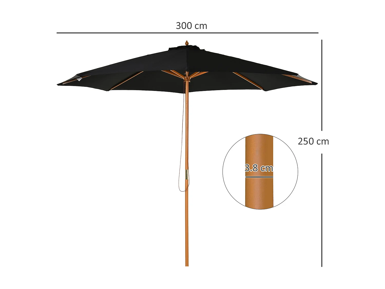 Ombrellone da giardino 3 metri con palo in legno e 8 stecche nero
