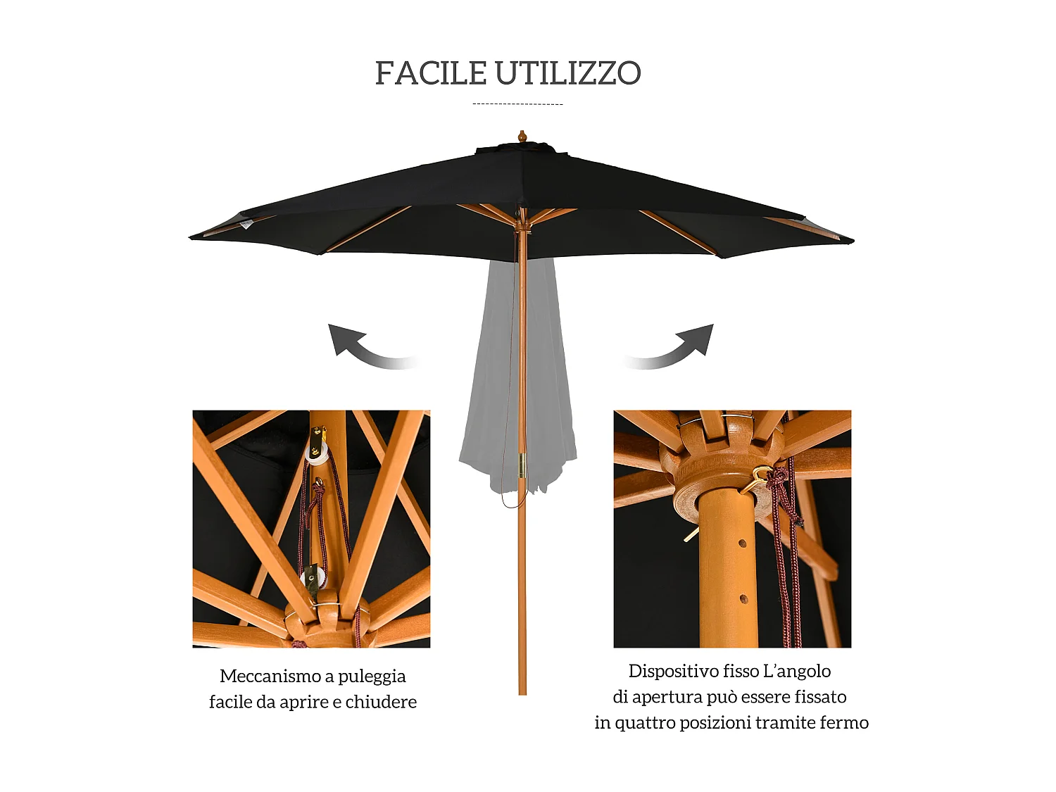 Ombrellone da giardino 3 metri con palo in legno e 8 stecche nero