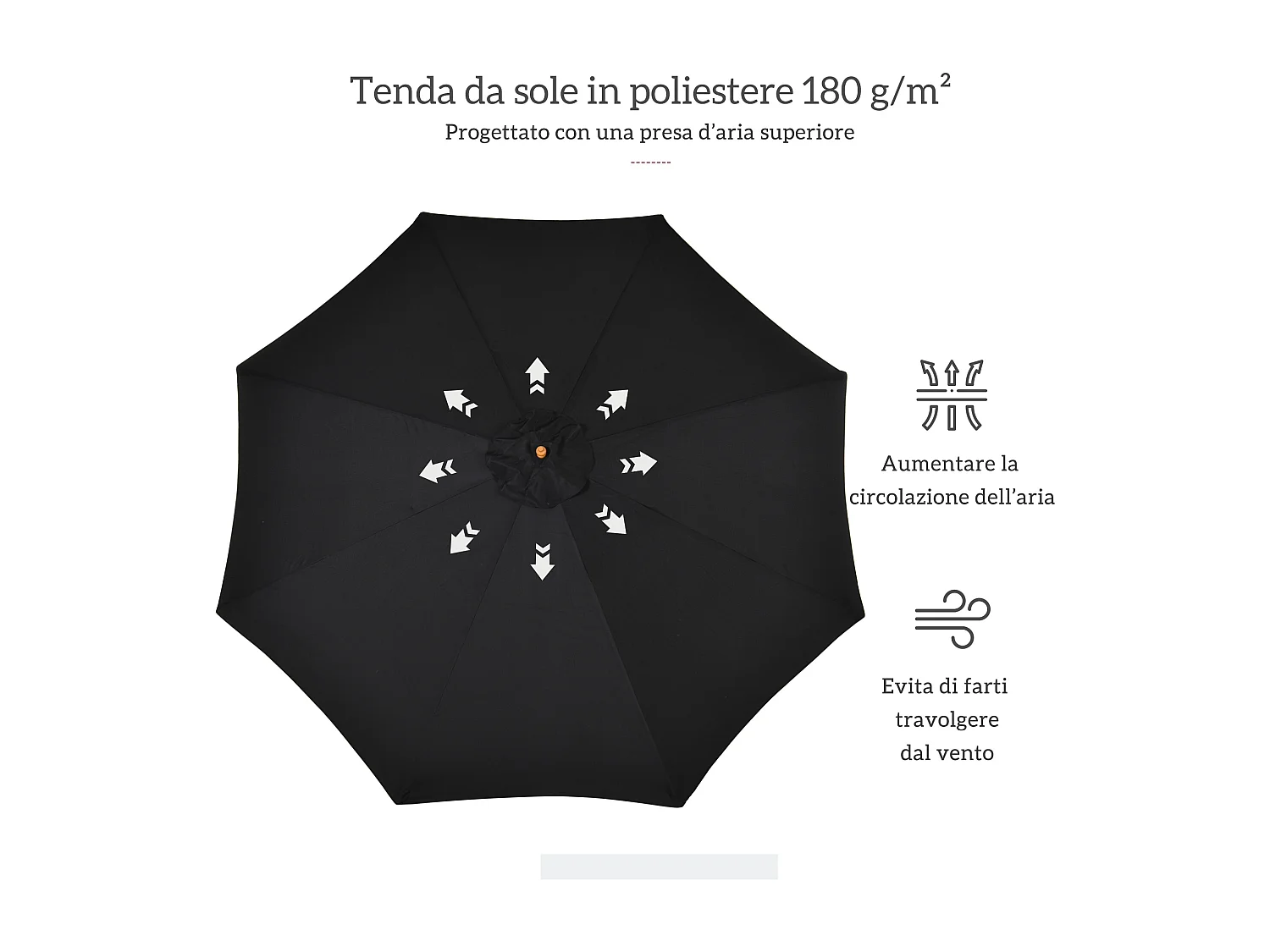 Ombrellone da giardino 3 metri con palo in legno e 8 stecche nero