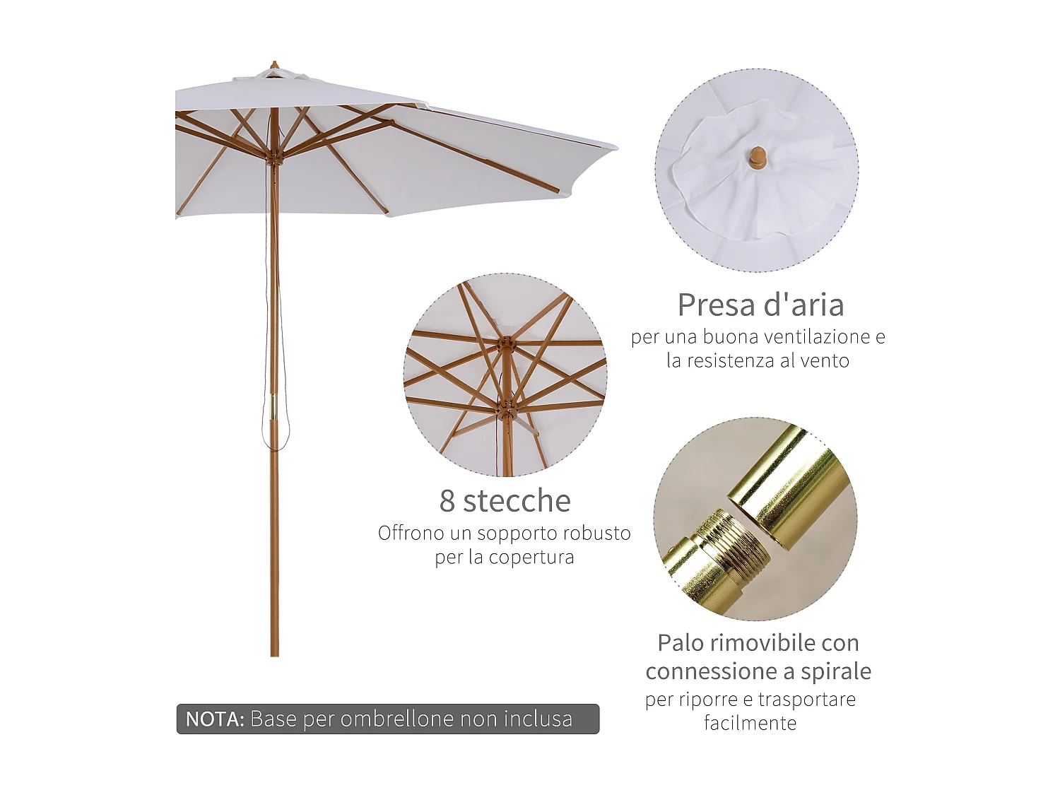Ombrellone da giardino 3x2.5 m con palo in legno a 8 stecche