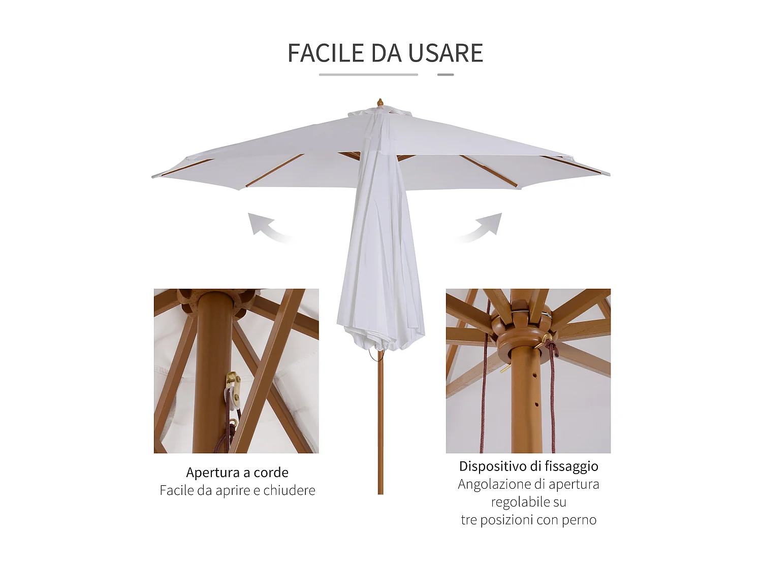 Ombrellone da giardino 3x2.5 m con palo in legno a 8 stecche
