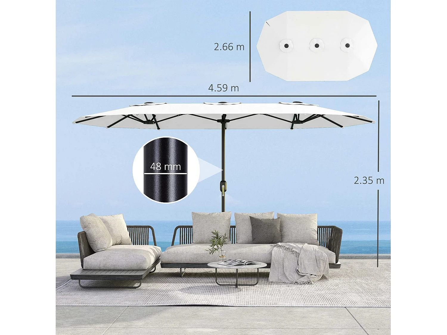 Ombrellone doppio a 12 stecche 4.6x2.7m in metallo e poliestere bianco