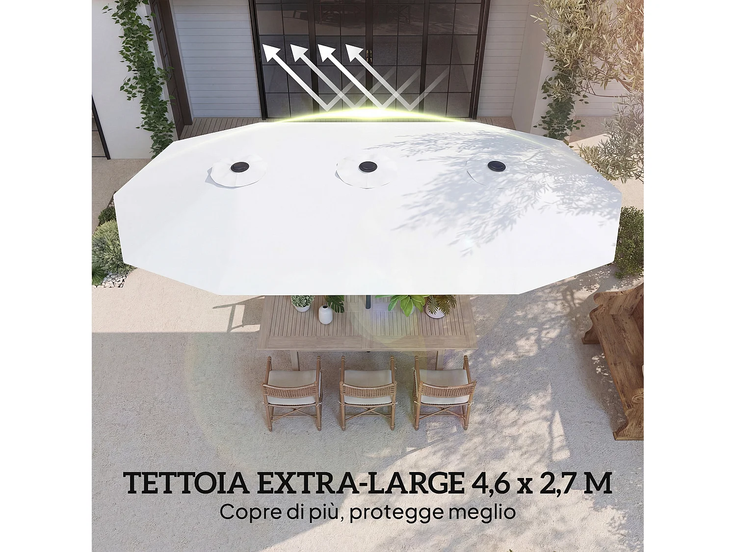 Ombrellone doppio a 12 stecche 4.6x2.7m in metallo e poliestere bianco