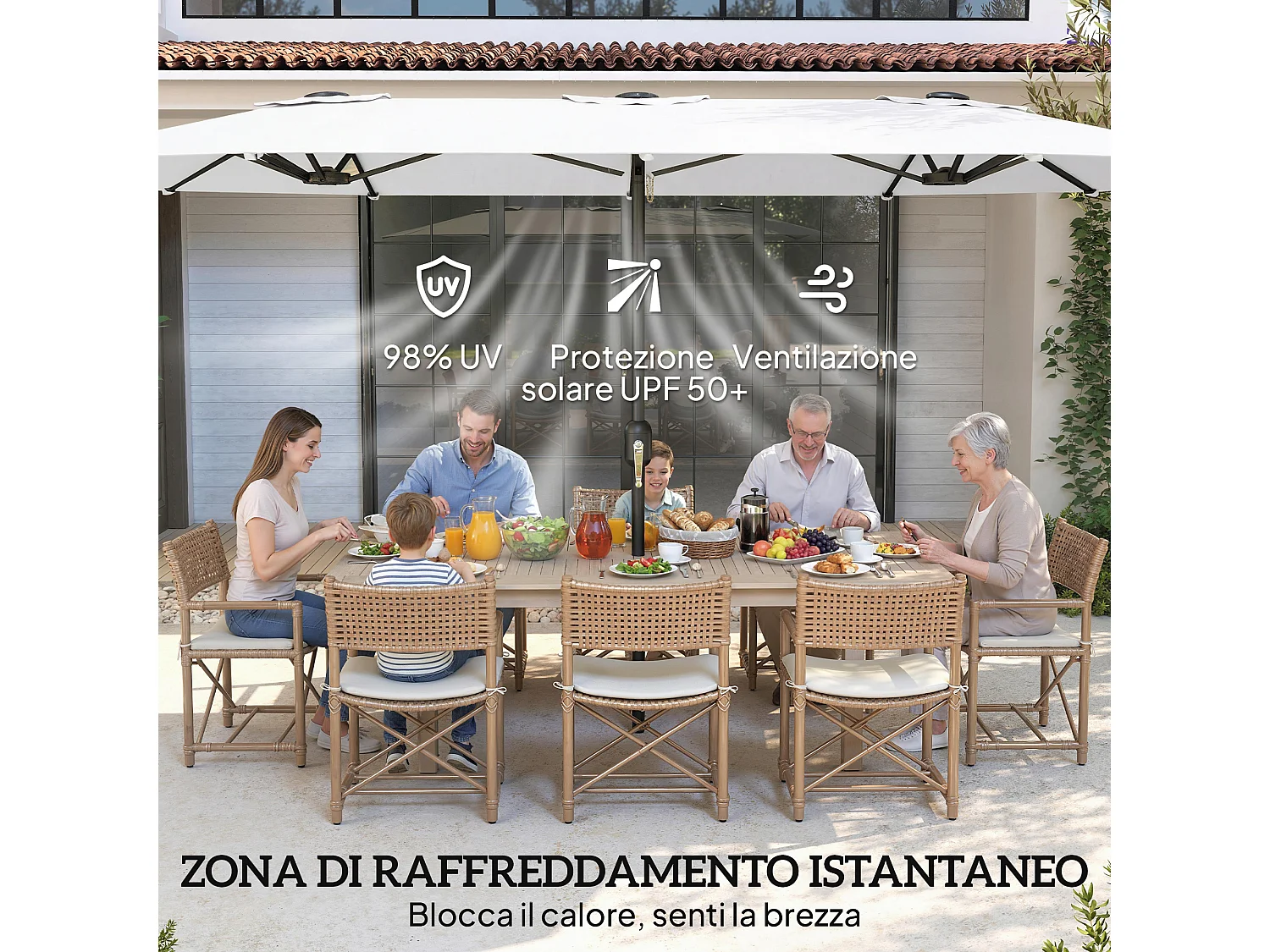 Ombrellone doppio a 12 stecche 4.6x2.7m in metallo e poliestere bianco