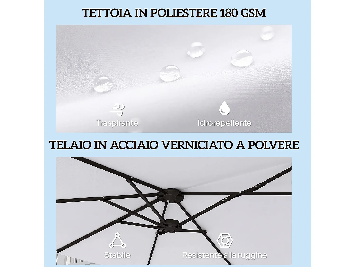 Ombrellone doppio a 12 stecche 4.6x2.7m in metallo e poliestere bianco