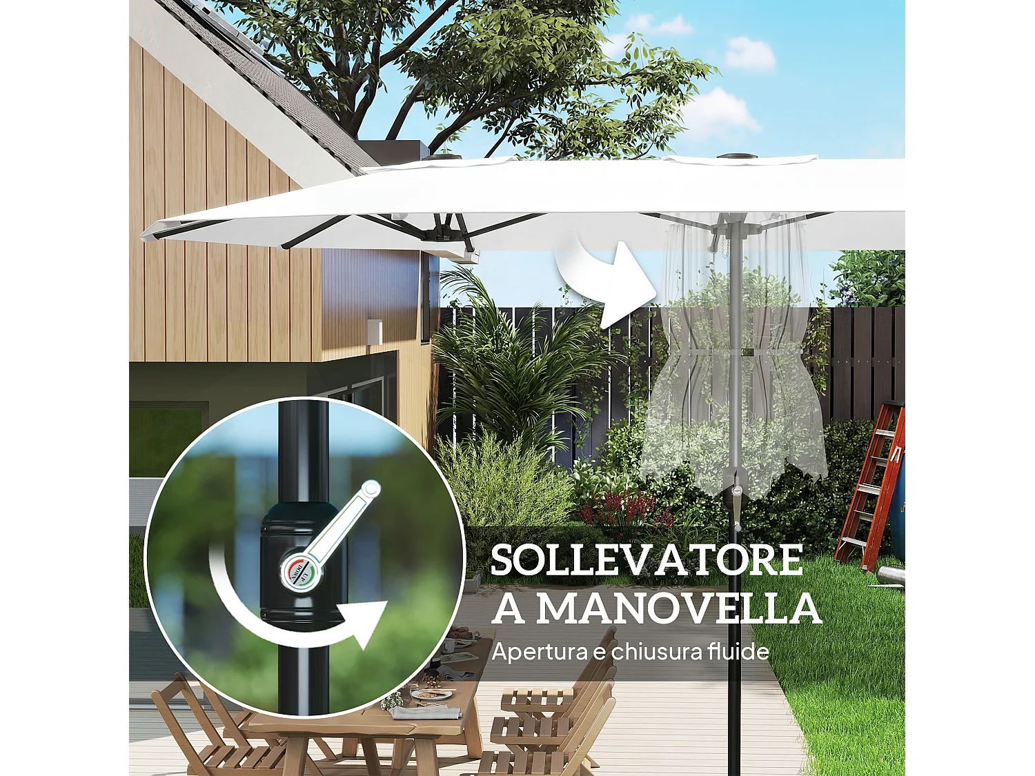 Ombrellone doppio a 12 stecche 4.6x2.7m in metallo e poliestere bianco