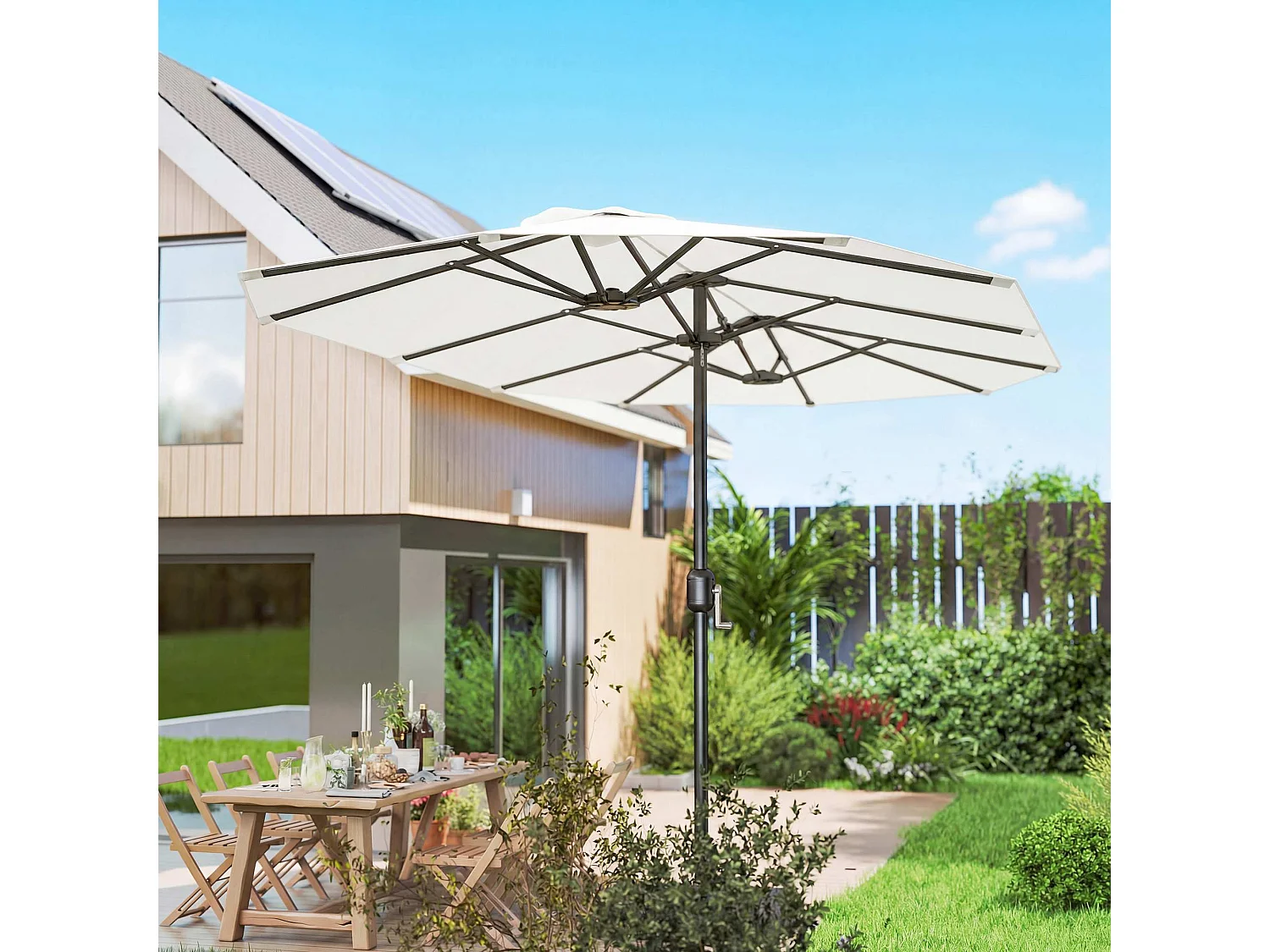 Ombrellone doppio a 12 stecche 4.6x2.7m in metallo e poliestere bianco