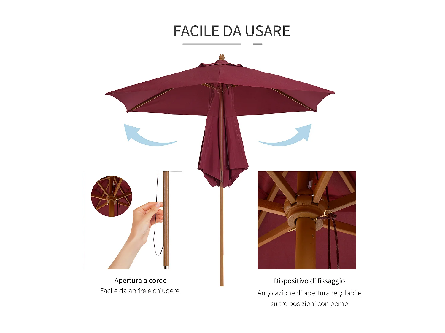 Ombrellone da giardino in legno poliestere 2.5x2.3m bordeaux