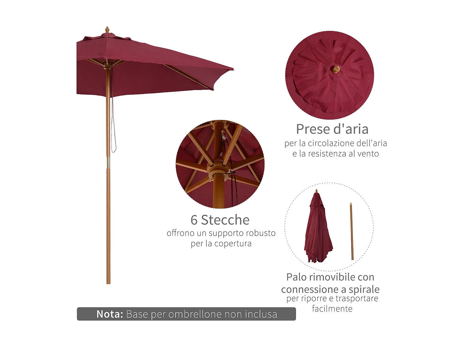 Ombrellone da giardino in legno poliestere 2.5x2.3m bordeaux