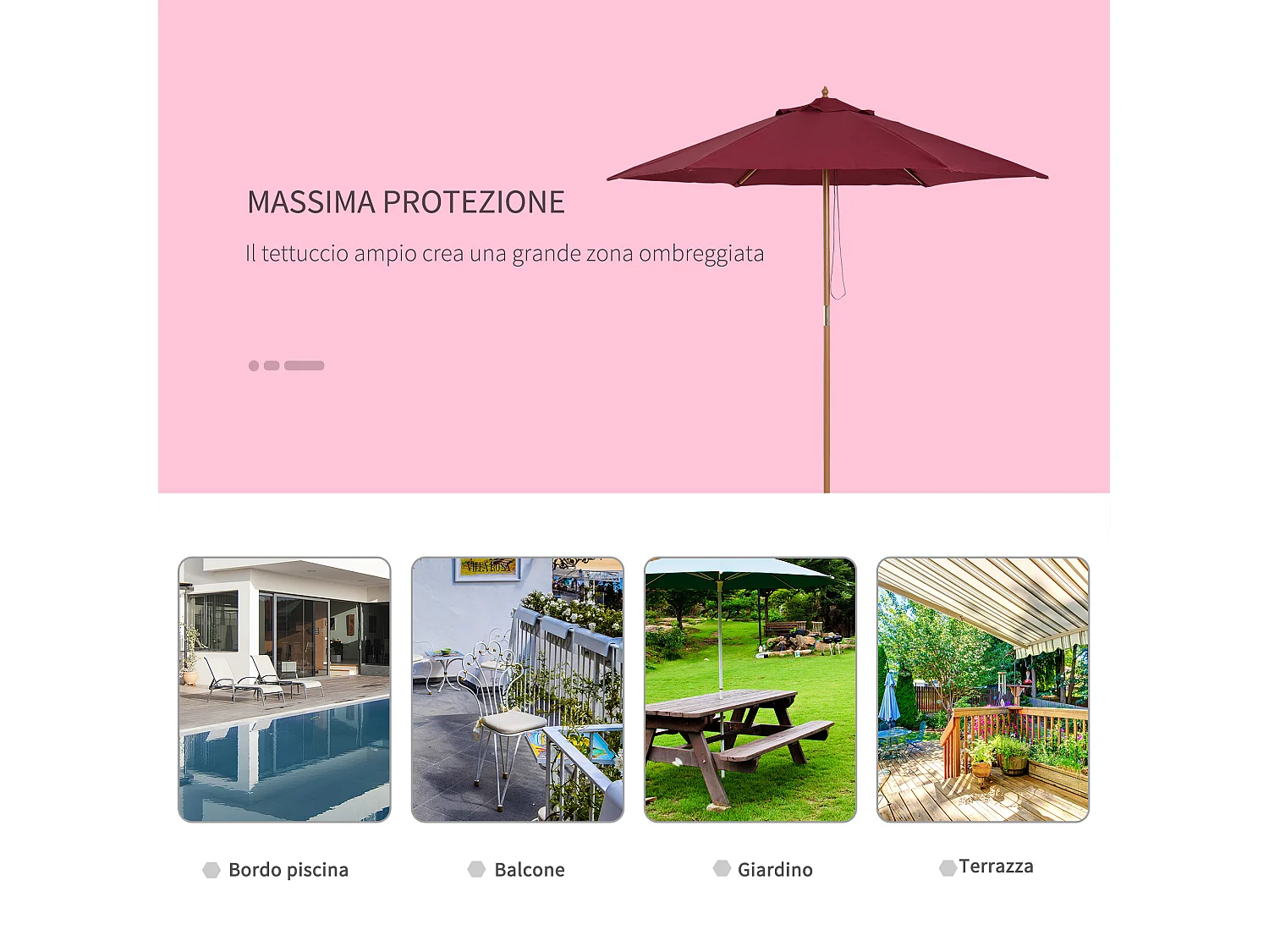 Ombrellone da giardino in legno poliestere 2.5x2.3m bordeaux