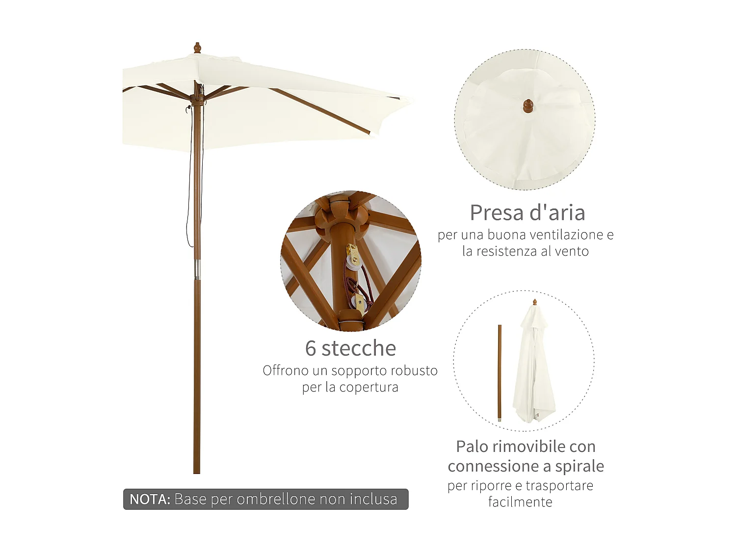 Ombrellone da giardino a 6 stecche 2.5x2.3m bianco crema