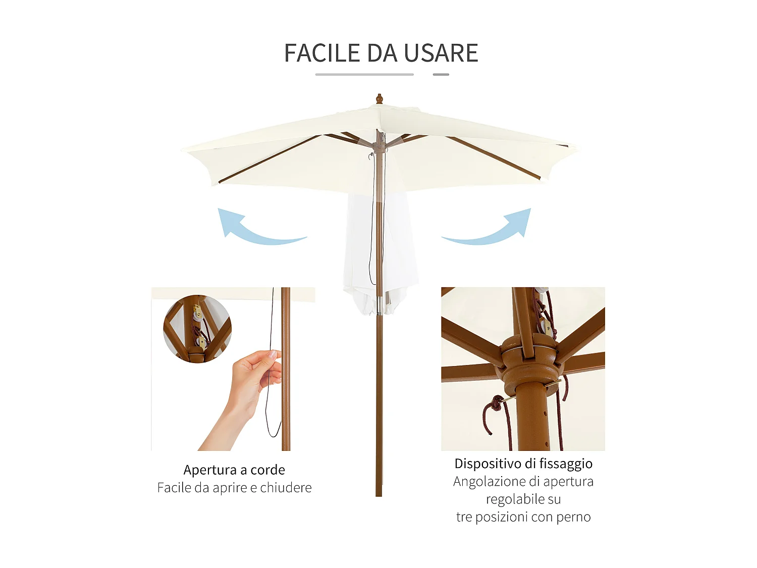 Ombrellone da giardino a 6 stecche 2.5x2.3m bianco crema