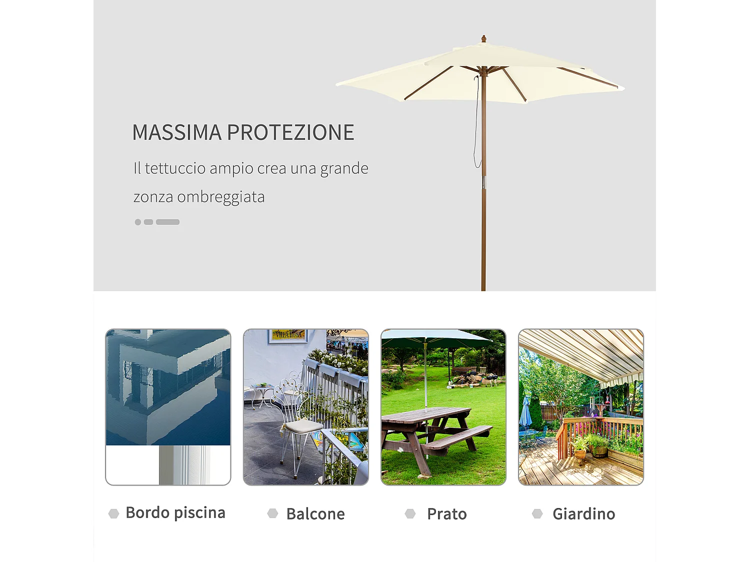 Ombrellone da giardino a 6 stecche 2.5x2.3m bianco crema