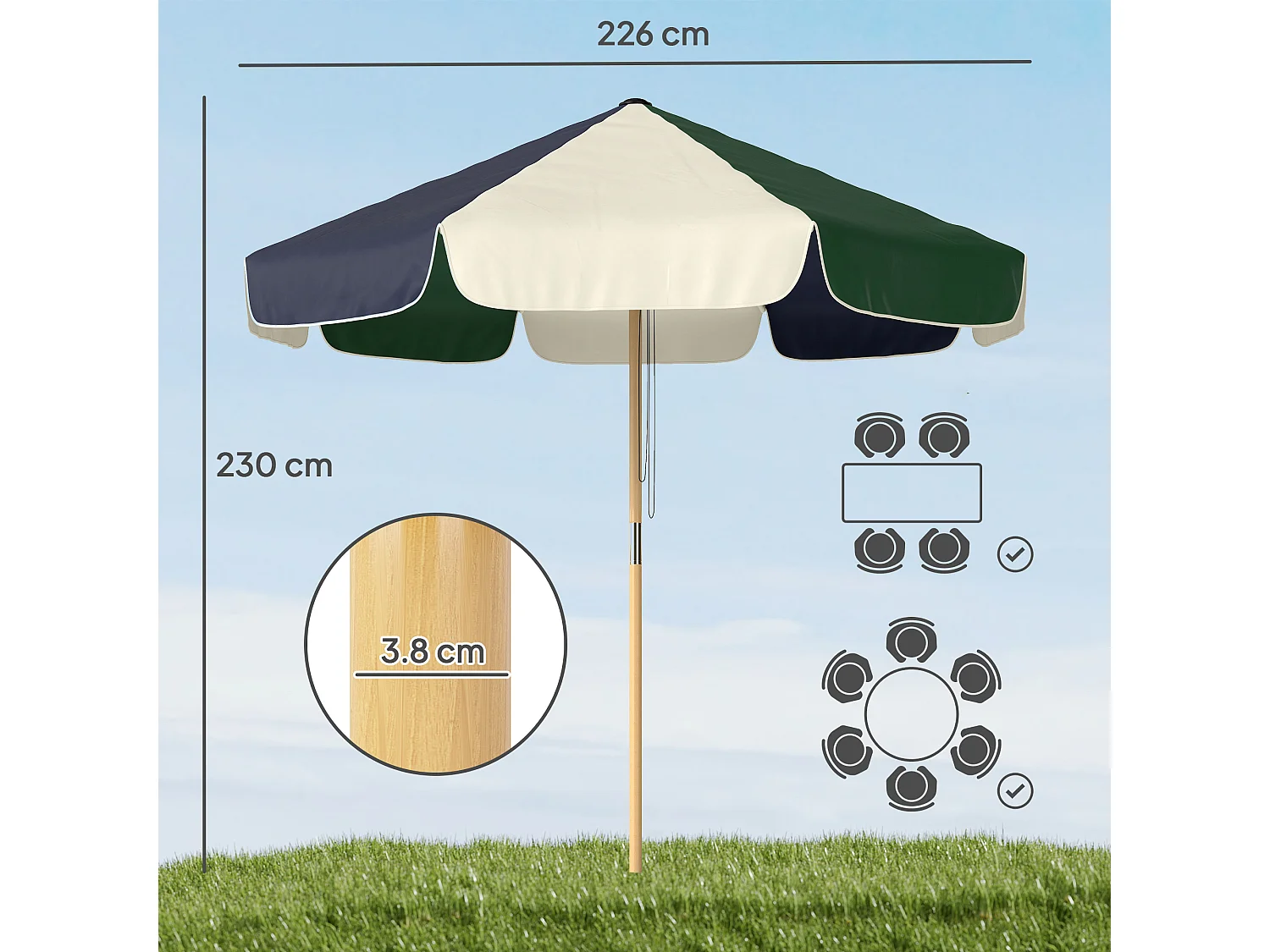 Ombrellone da giardino con 8 stecche verde scuro e crema