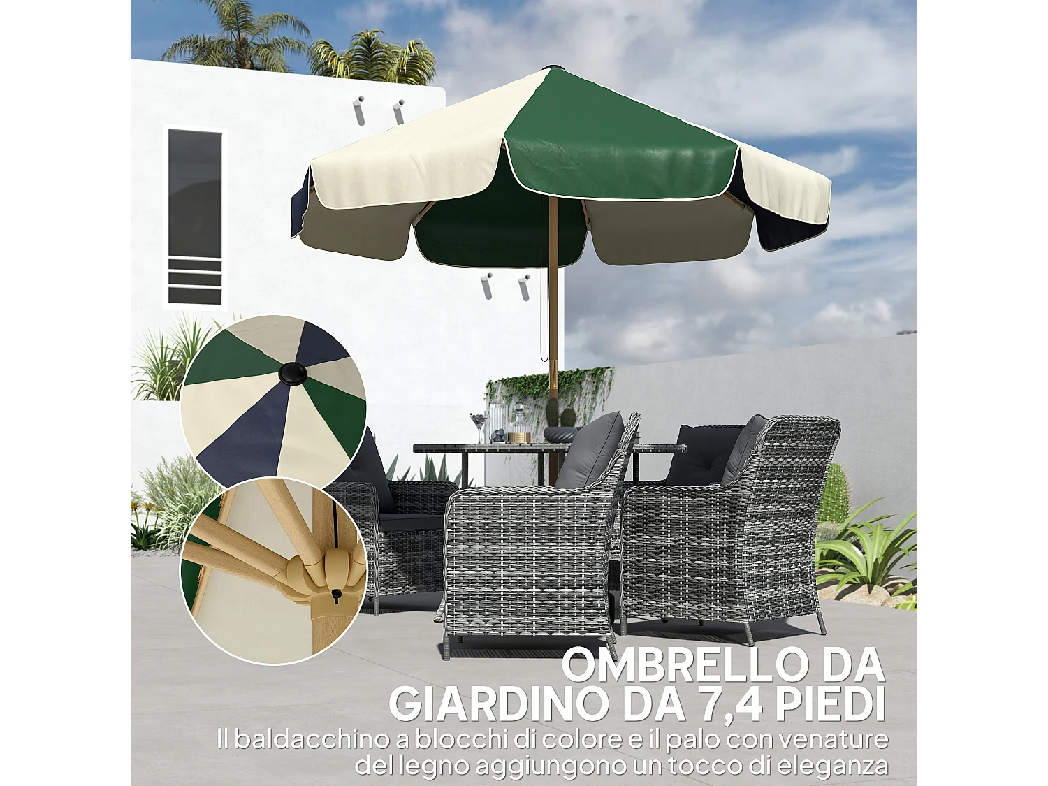 Ombrellone da giardino con 8 stecche verde scuro e crema