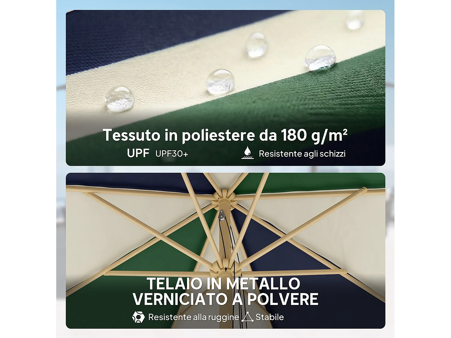Ombrellone da giardino con 8 stecche verde scuro e crema