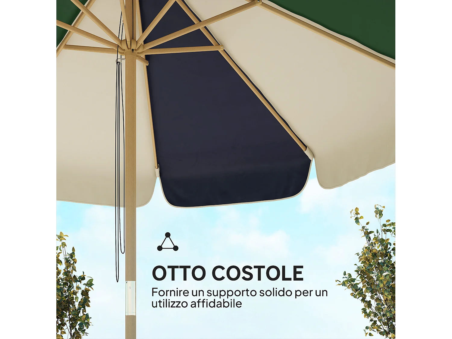 Ombrellone da giardino con 8 stecche verde scuro e crema