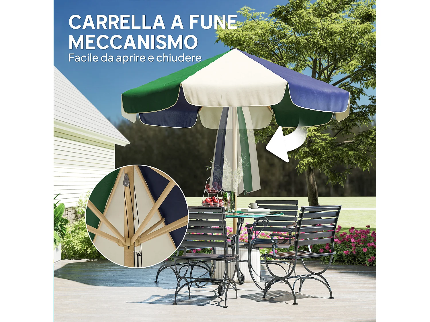 Ombrellone da giardino con 8 stecche verde scuro e crema