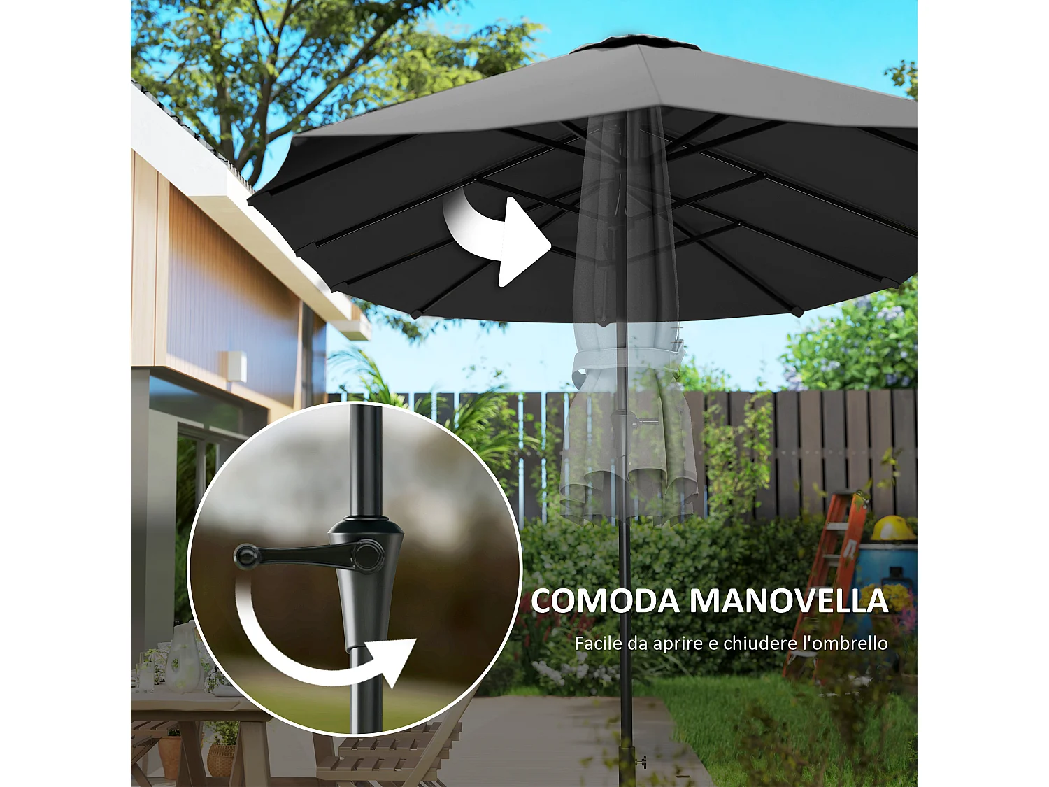 Ombrellone doppio con prese d'aria e manovella nero e grigio scuro
