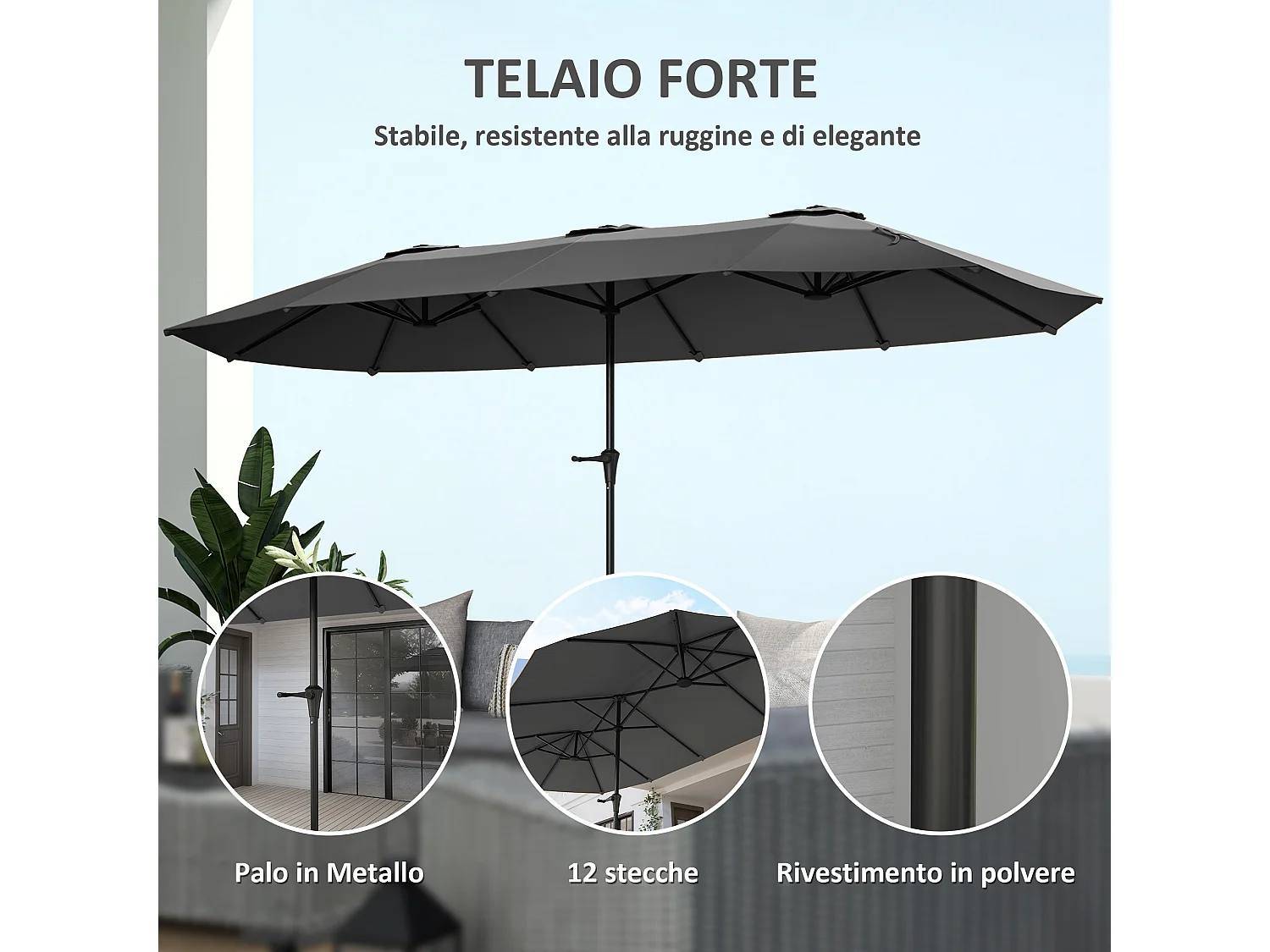 Ombrellone doppio con prese d'aria e manovella nero e grigio scuro