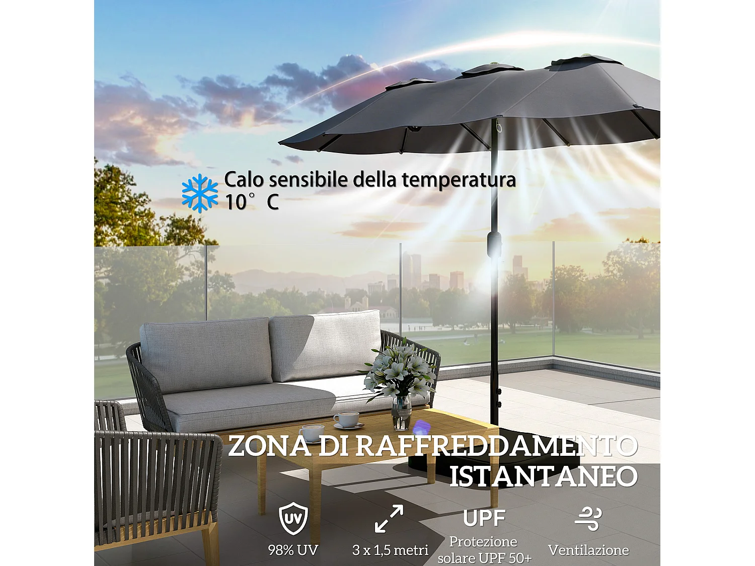 Ombrellone doppio con base a croce sacchi grigio scuro
