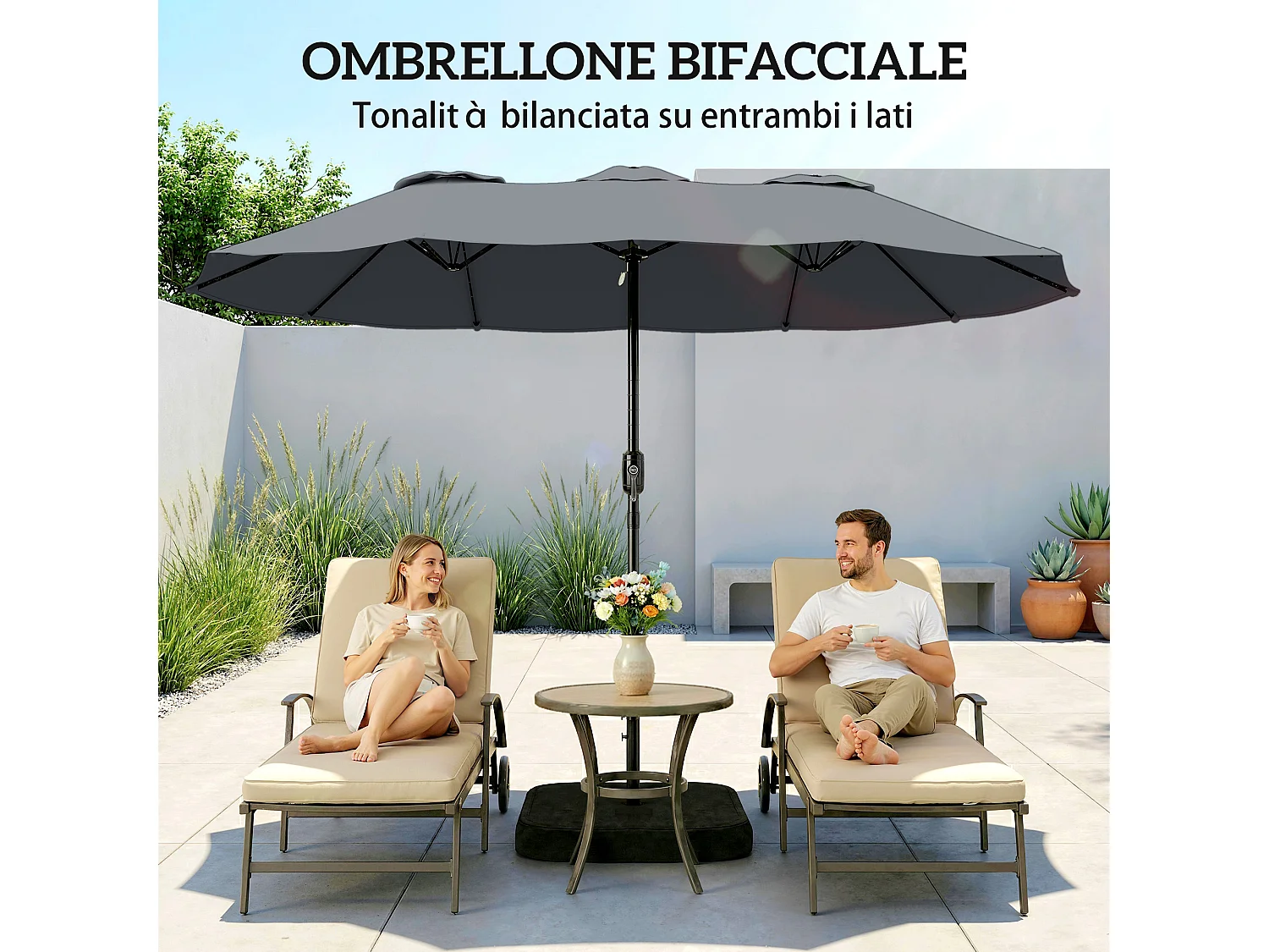 Ombrellone doppio con base a croce sacchi grigio scuro