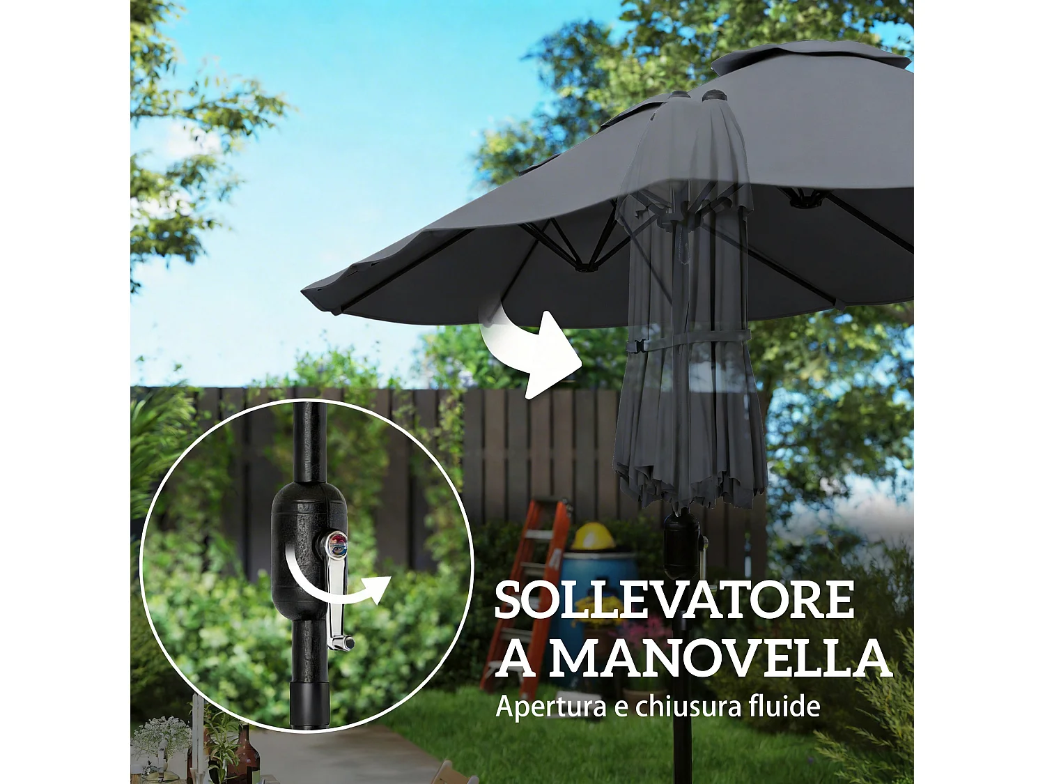 Ombrellone doppio con base a croce sacchi grigio scuro