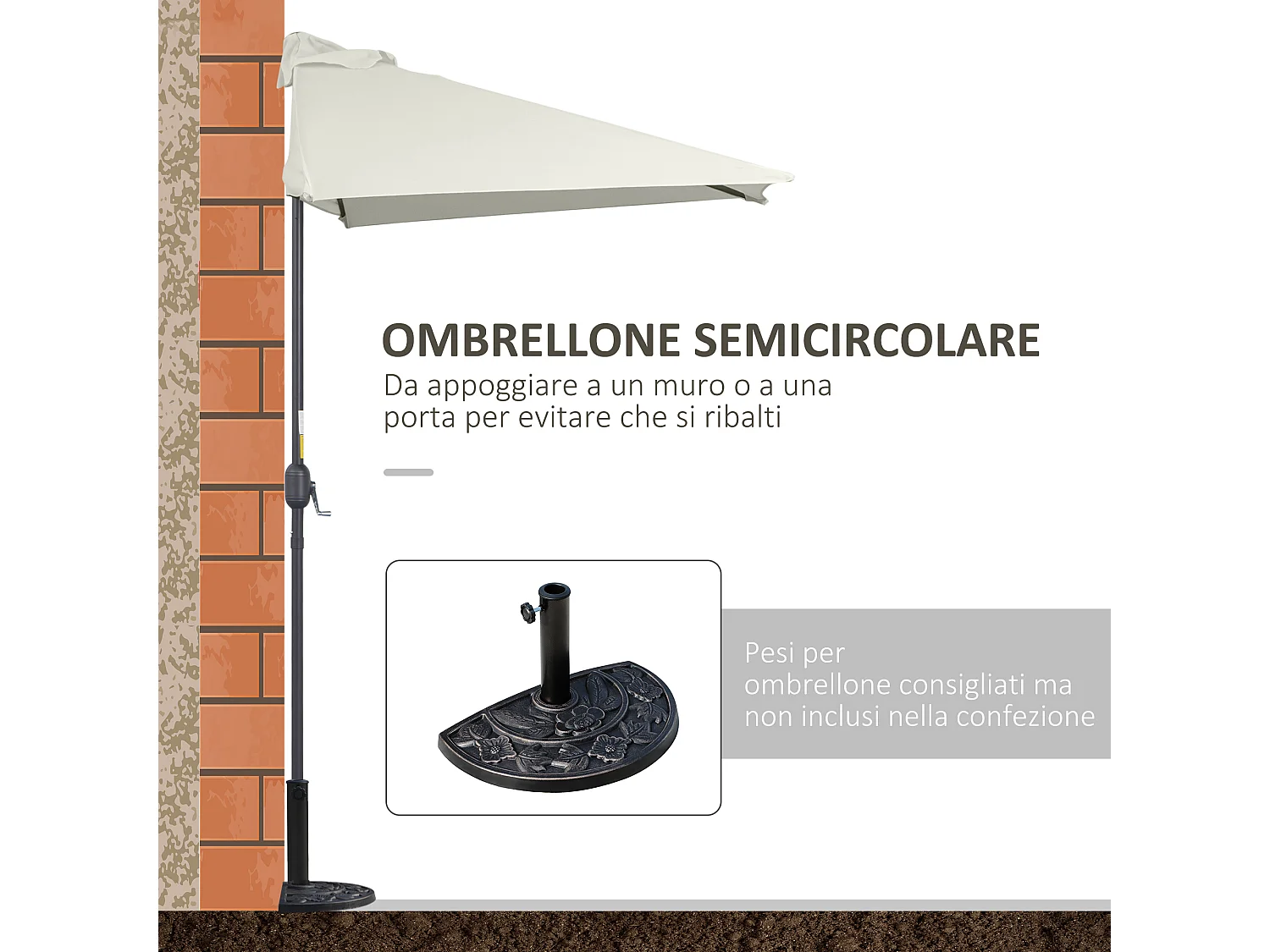 Ombrellone mezzaluna da parete con apertura a manovella beige