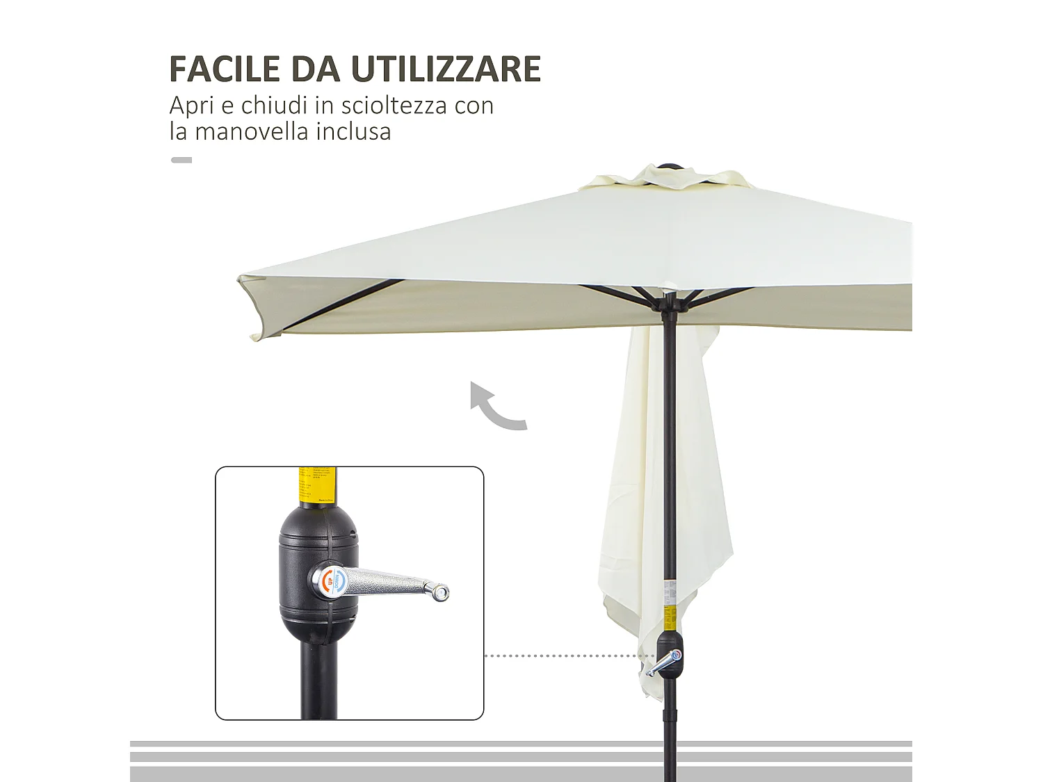 Ombrellone mezzaluna da parete con apertura a manovella beige