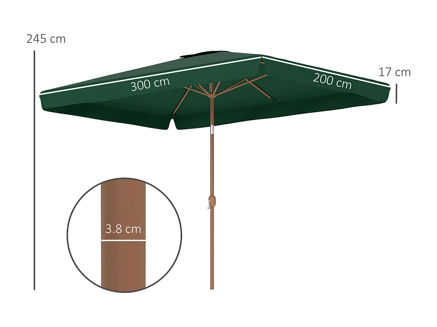 Ombrellone da giardino 2x3 m con apertura a manovella verde