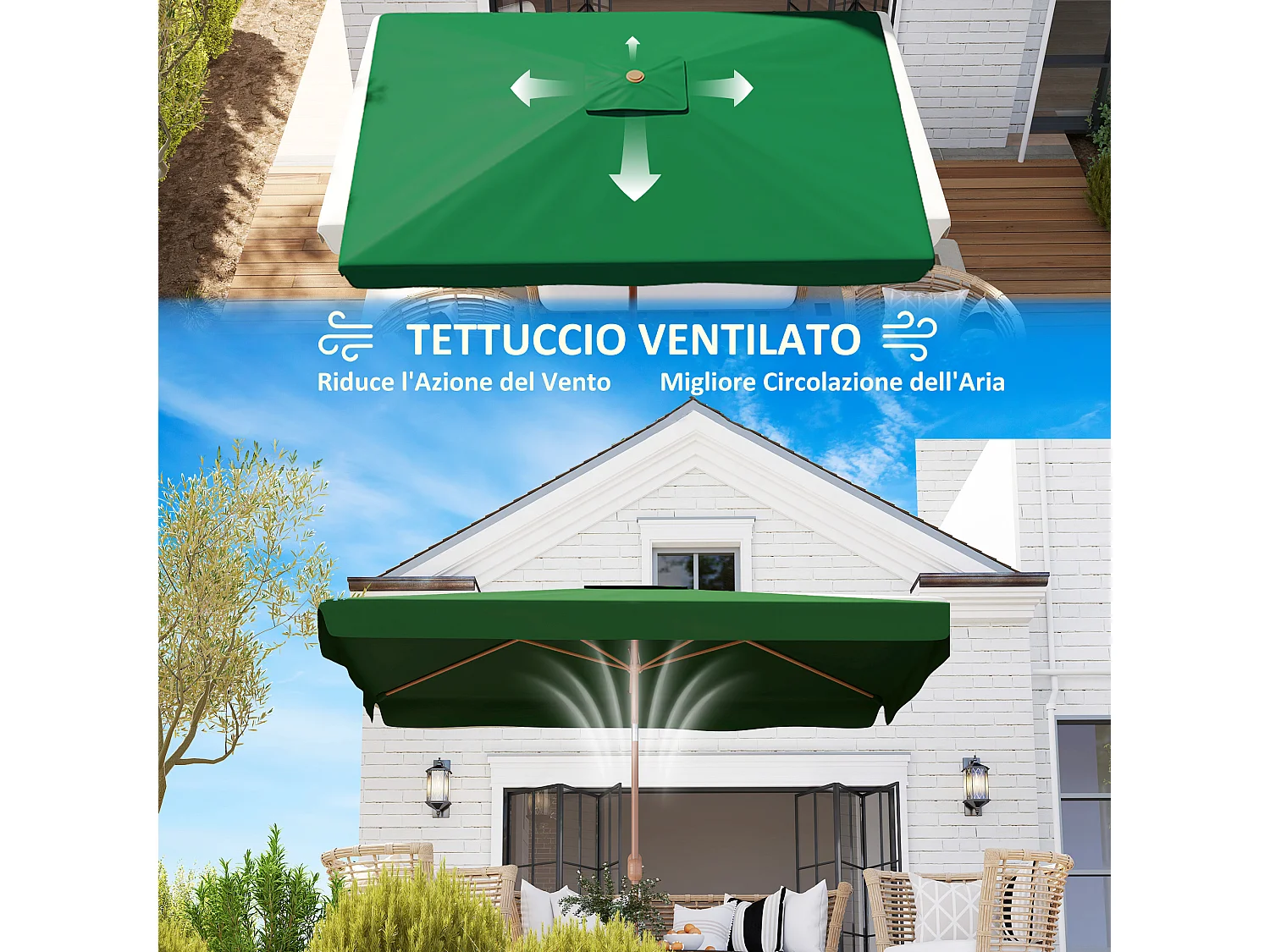 Ombrellone da giardino 2x3 m con apertura a manovella verde