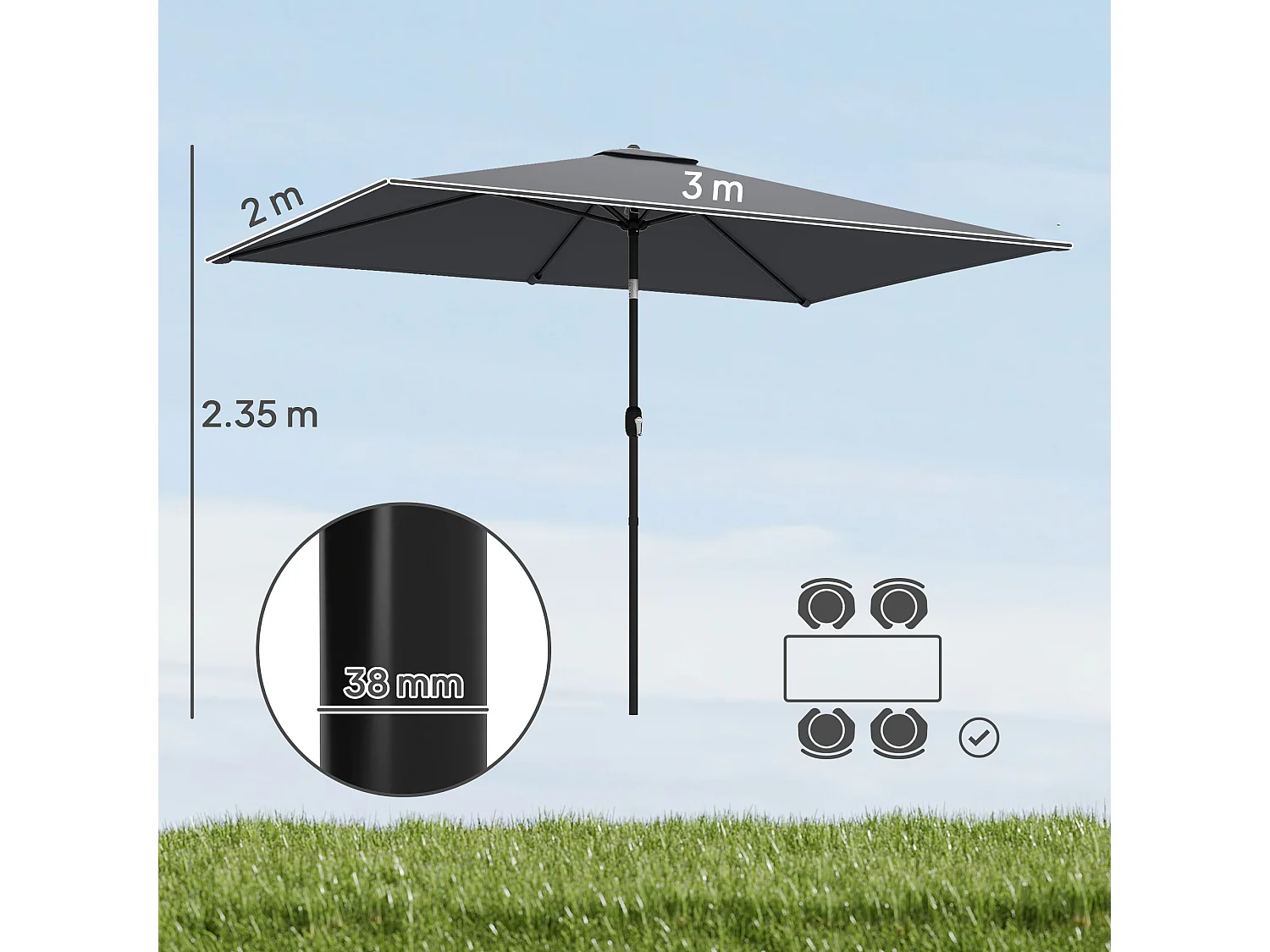 Ombrellone rettangolare da giardino 3x2 m grigio scuro