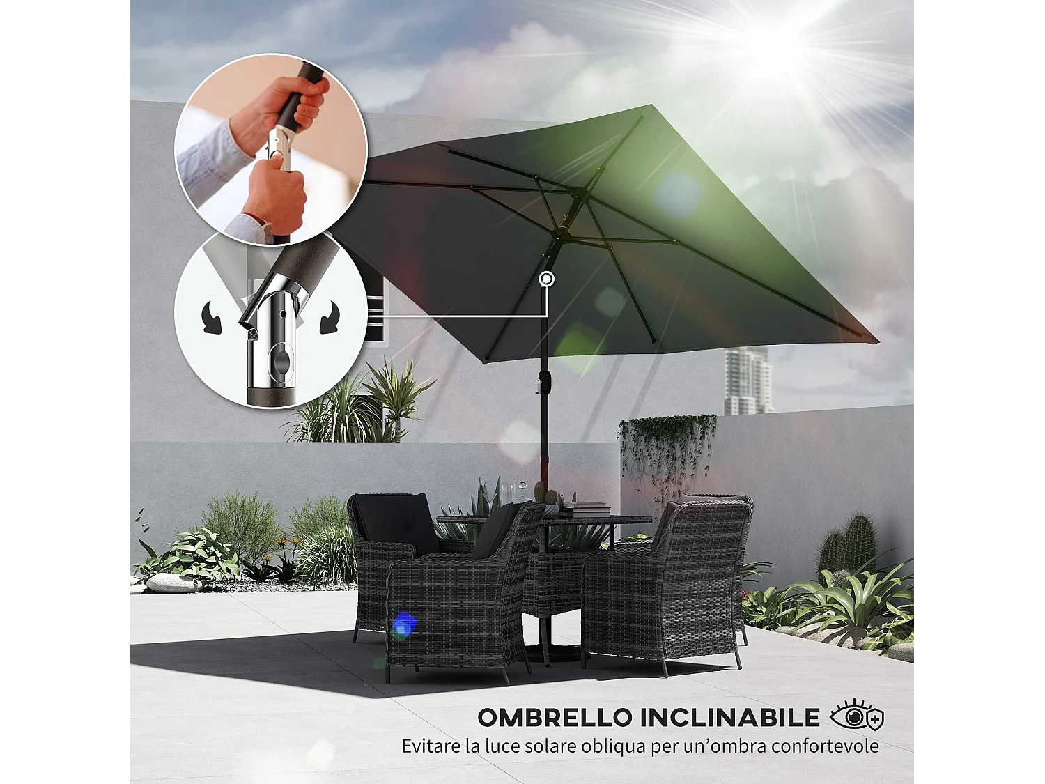 Ombrellone rettangolare da giardino 3x2 m grigio scuro