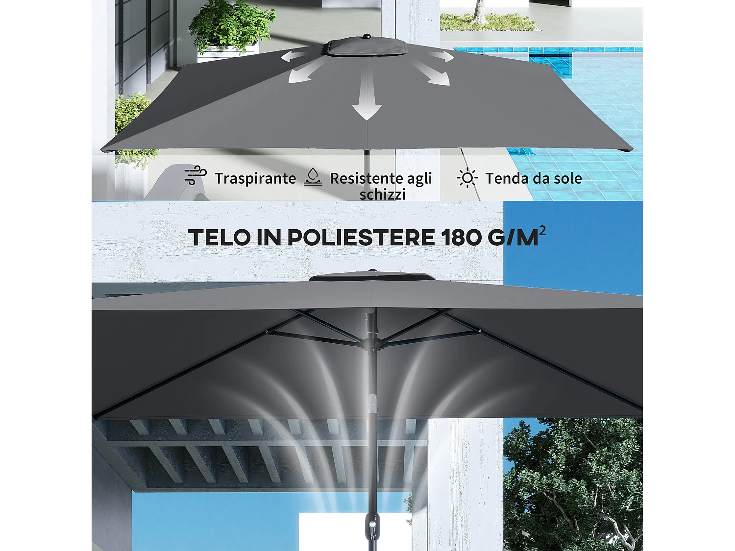 Ombrellone rettangolare da giardino 3x2 m grigio scuro