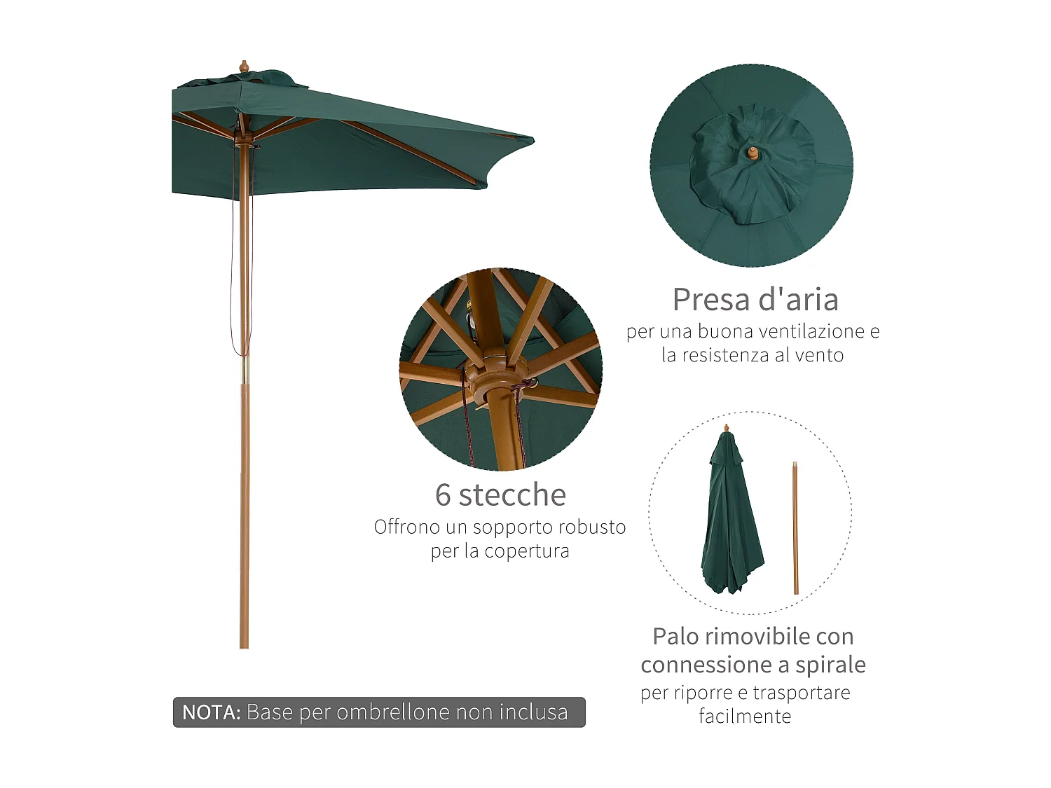Ombrellone da giardino 2.5x2.3 m a 6 stecche verde scuro