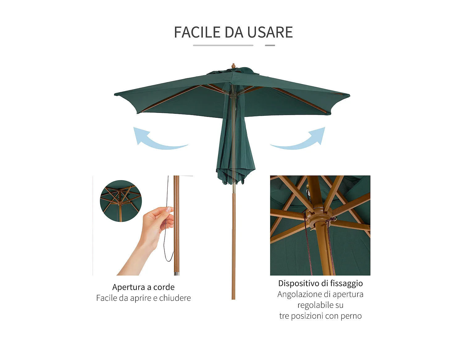 Ombrellone da giardino 2.5x2.3 m a 6 stecche verde scuro