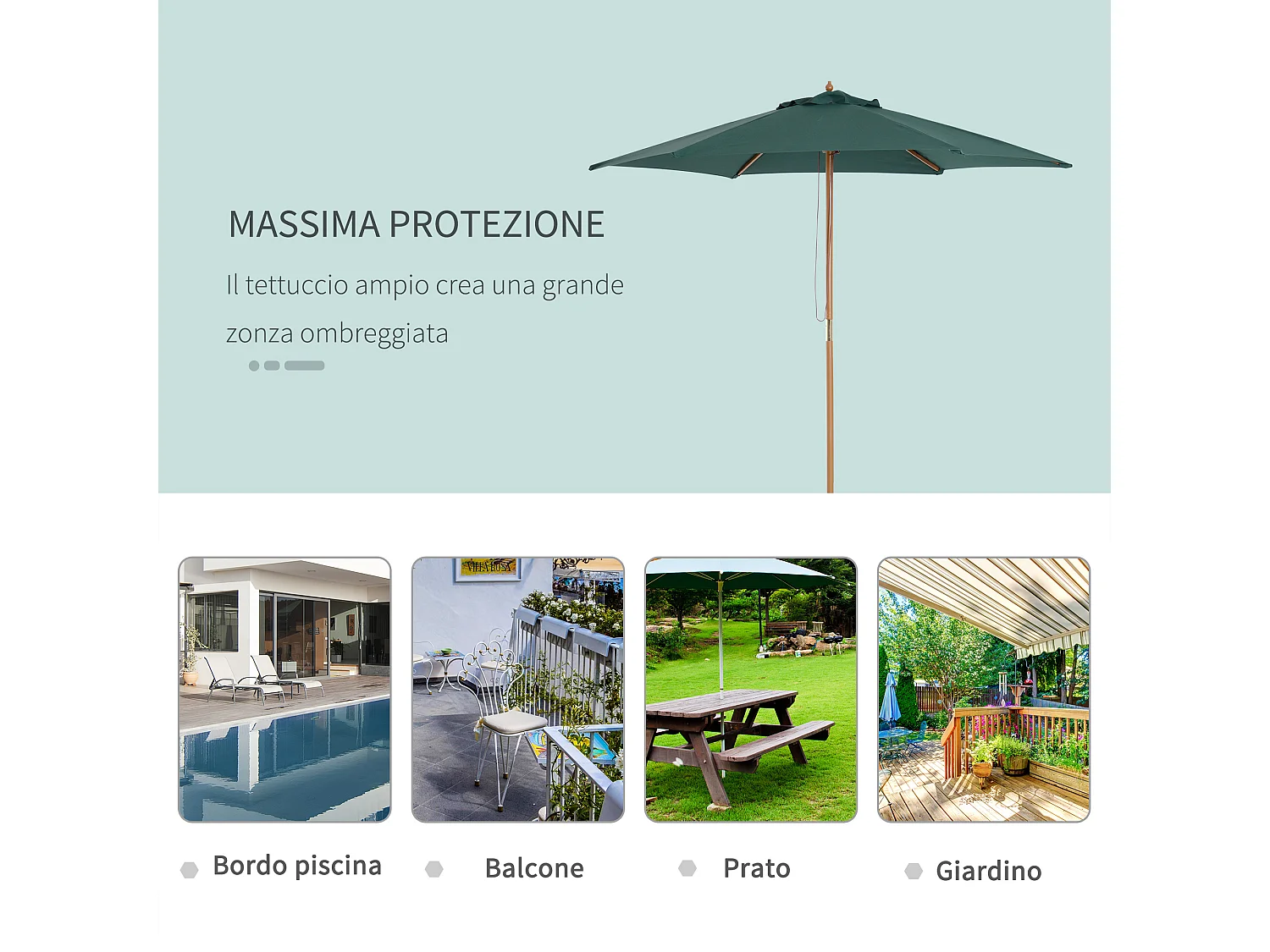 Ombrellone da giardino 2.5x2.3 m a 6 stecche verde scuro