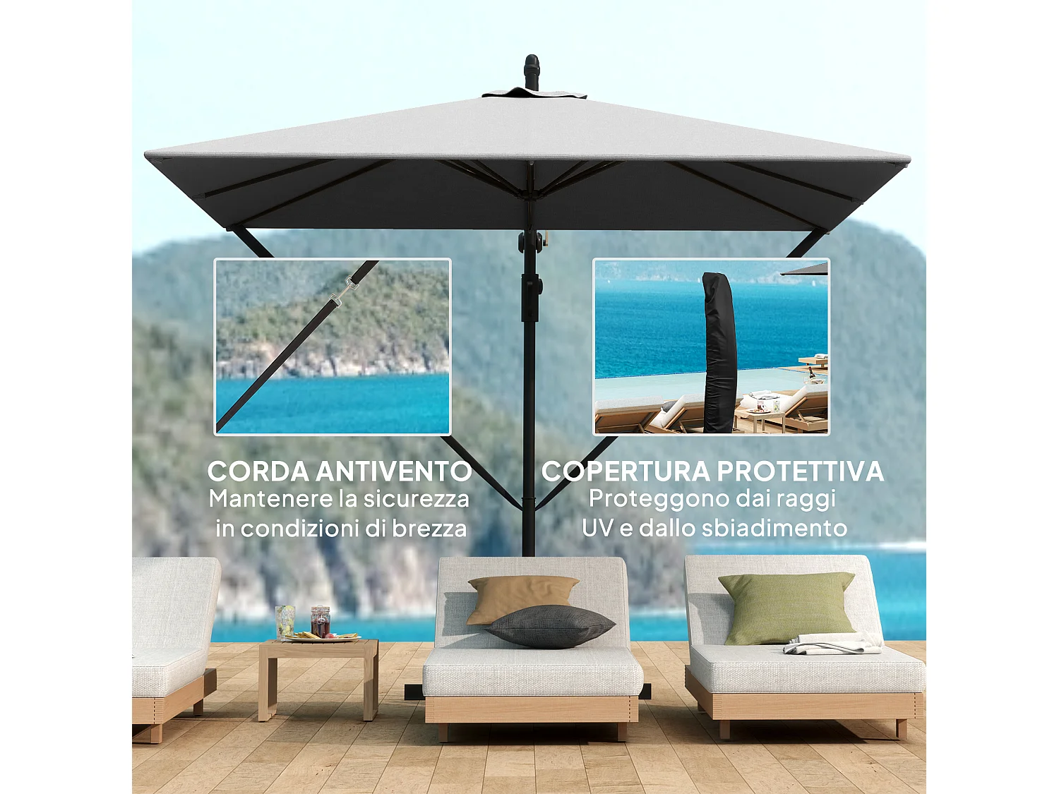 Ombrellone a sbalzo 2.5x2.5 m a manovella e girevole a 360° grigio