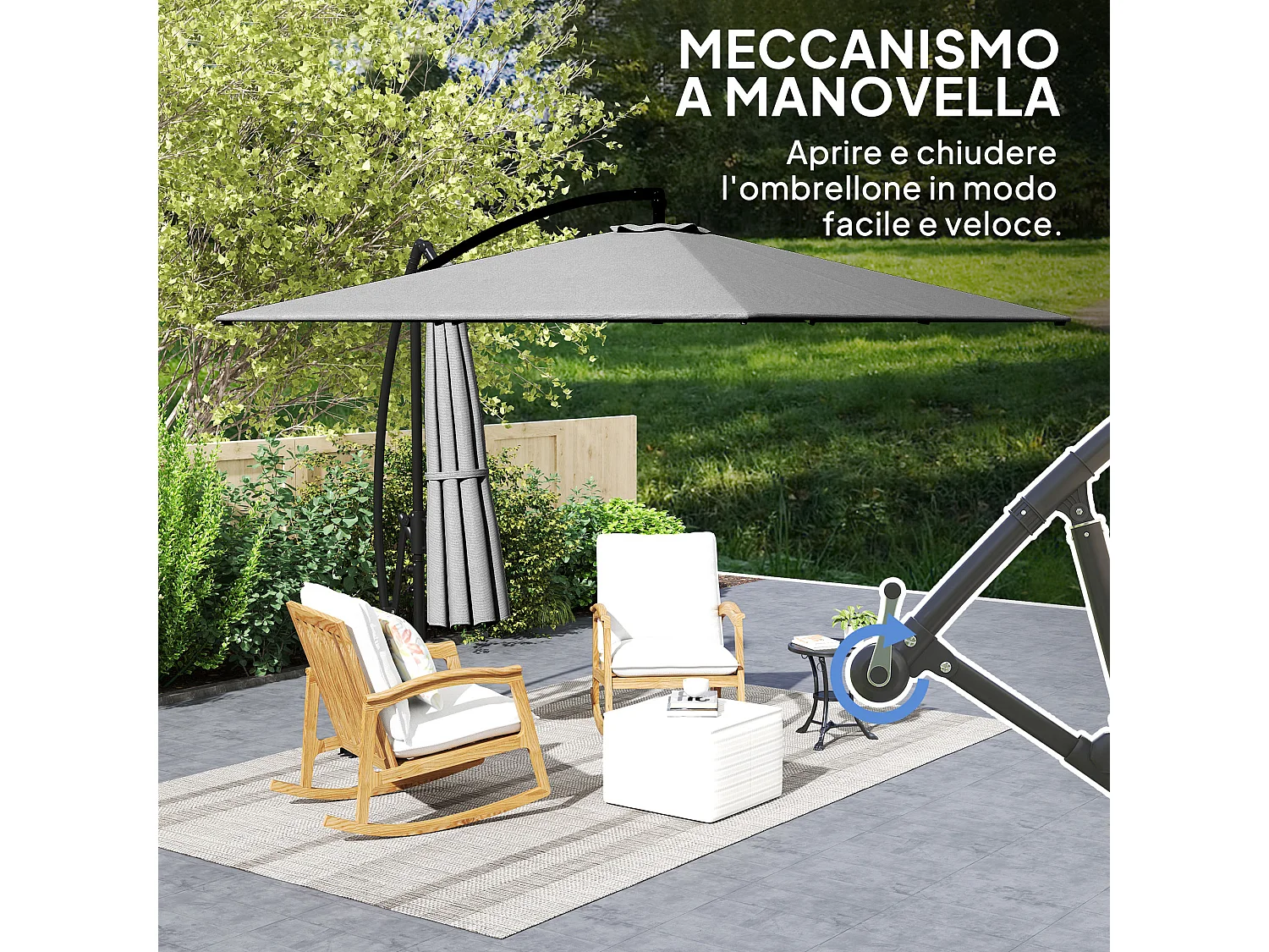 Ombrellone a sbalzo 2.5x2.5 m a manovella e girevole a 360° grigio