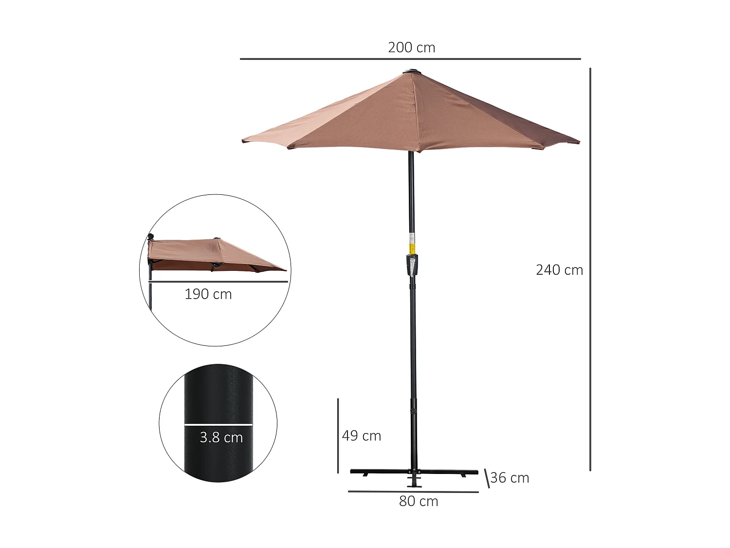 Ombrellone a mezzaluna 2x2 m con manovella color caffè