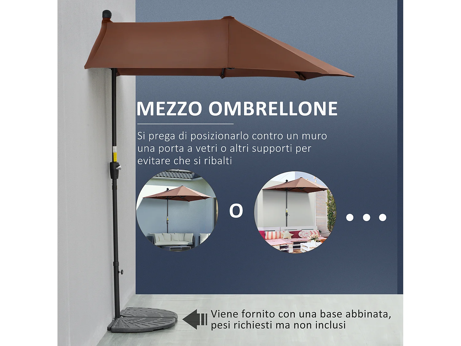 Ombrellone a mezzaluna 2x2 m con manovella color caffè