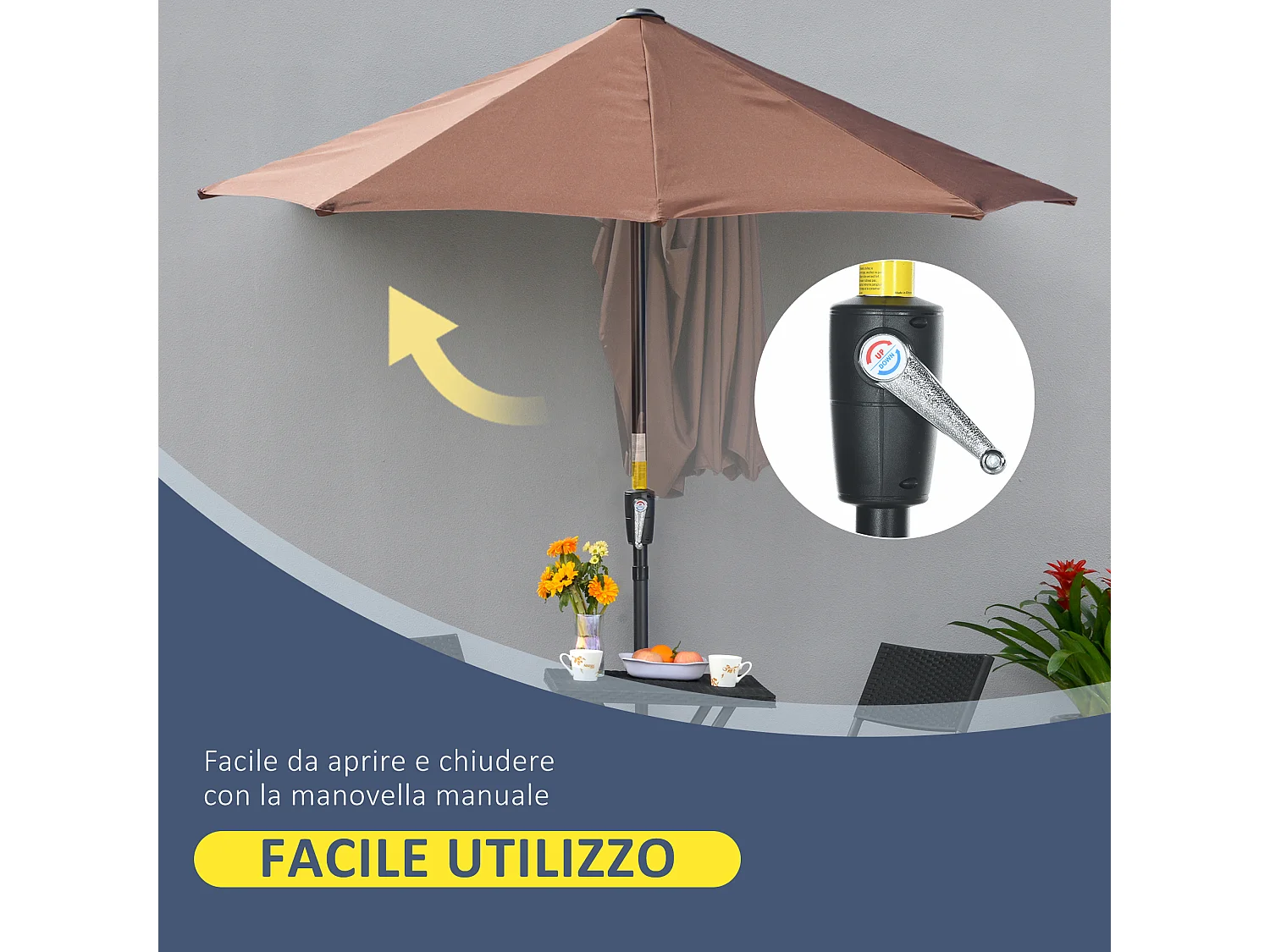 Ombrellone a mezzaluna 2x2 m con manovella color caffè