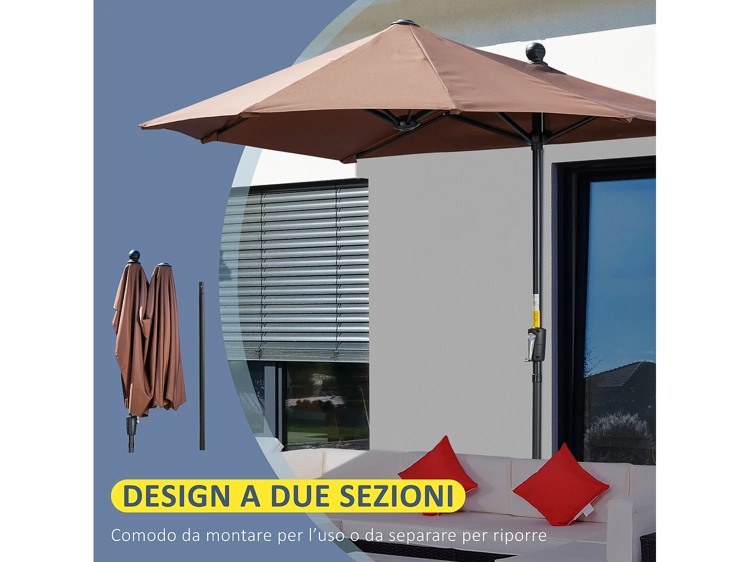 Ombrellone a mezzaluna 2x2 m con manovella color caffè